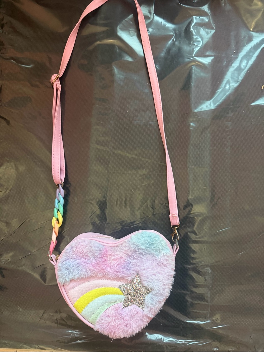 Pink Heart-Shaped Plush Kids Crossbody Bag with Rainbow Star